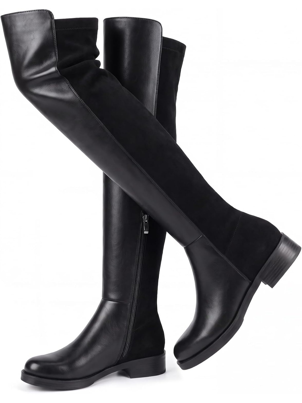 Women's Black Side Zip Flattering Over the Knee Low Block Heel Thigh High Boot